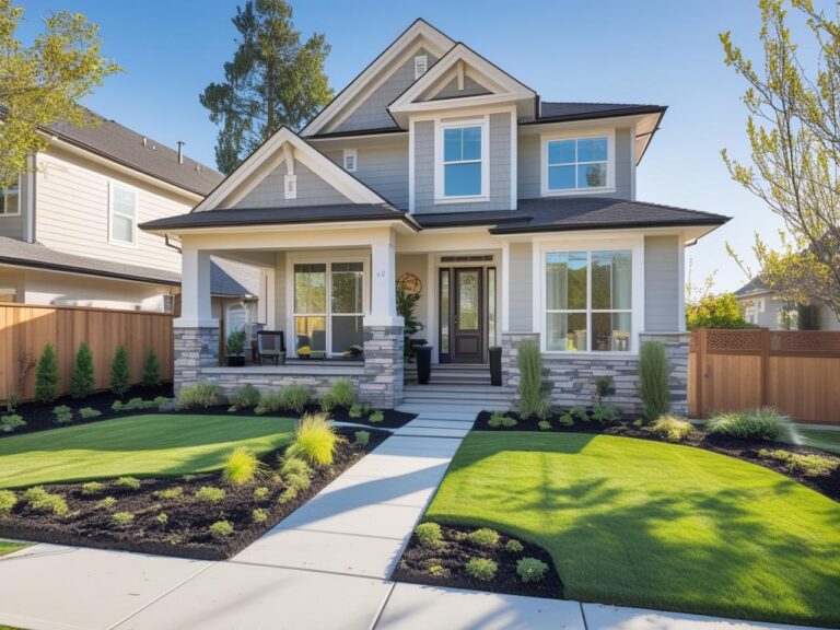Professional exterior photo of a sunlit home with custom finishes, manicured front yard, and inviting landscaping.