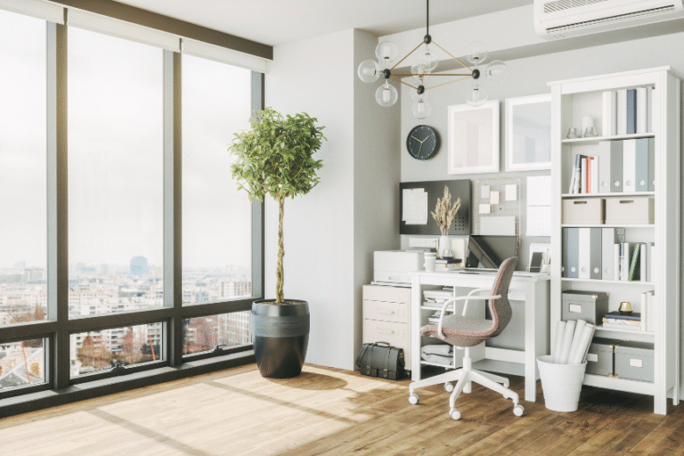 Bright, organized home office with minimalist furniture, natural light, and neutral decor, ready for a last-minute showing