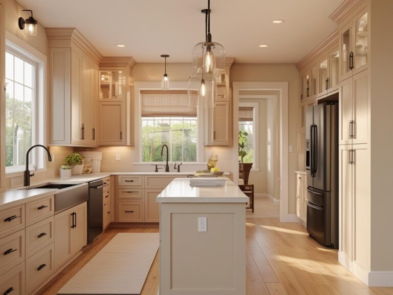 Modern home interior with fresh neutral paint, updated light fixtures, refinished floors, and upgraded hardware — showcasing affordable renovations