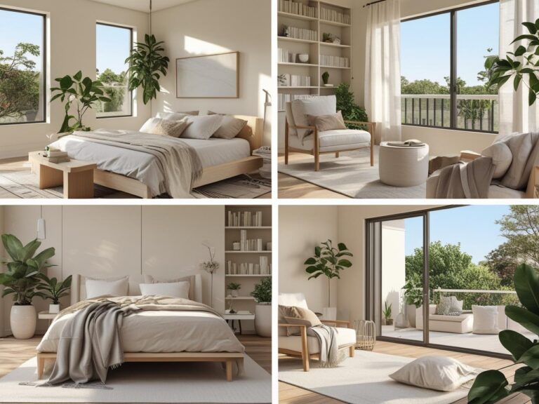 Professionally staged primary bedroom with neutral tones, natural textures, and a peaceful retreat vibe, featuring a cozy bonus space with outdoor seating.