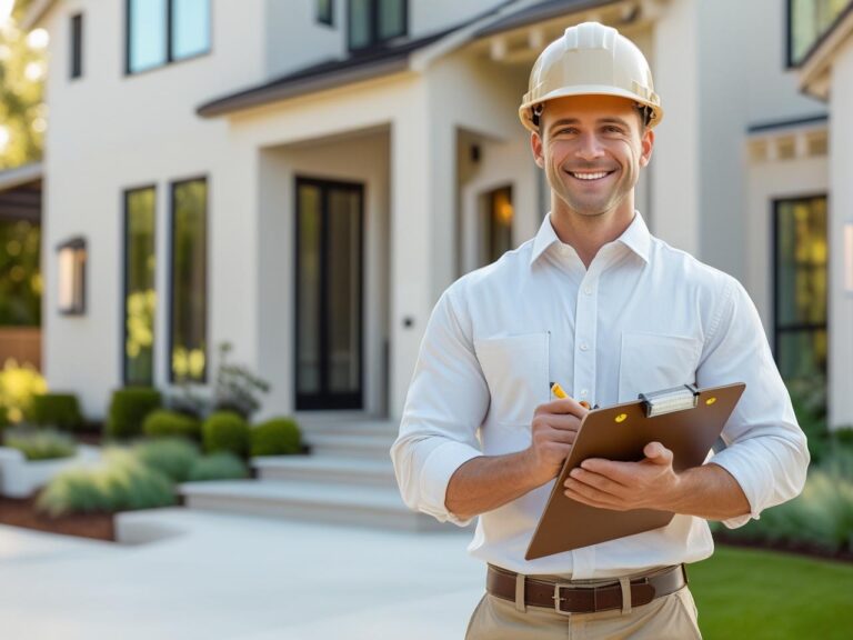 A home inspector wearing a hard hat and holding a clipboard, standing in front of a modern restored home with large windows and lush landscaping.